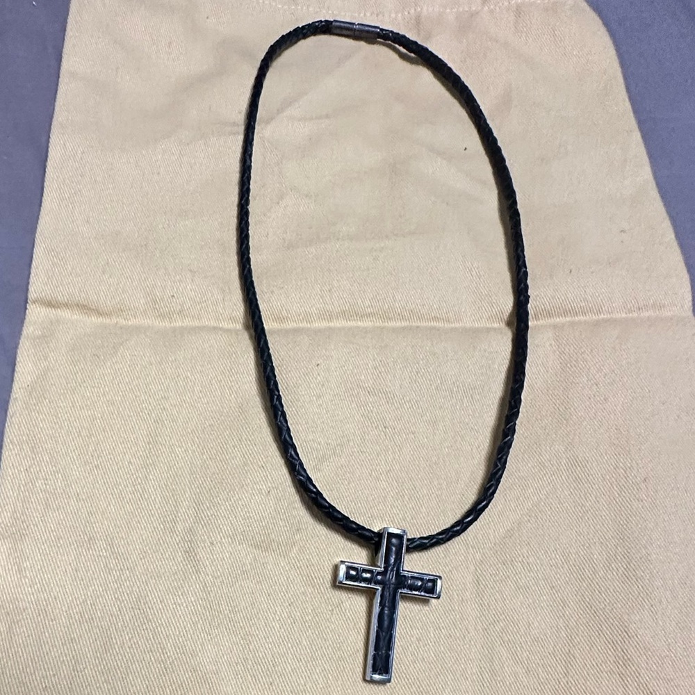 Bailey Banks & Biddle Sterling Silver 925 Black Leather Cross necklace. Vintage